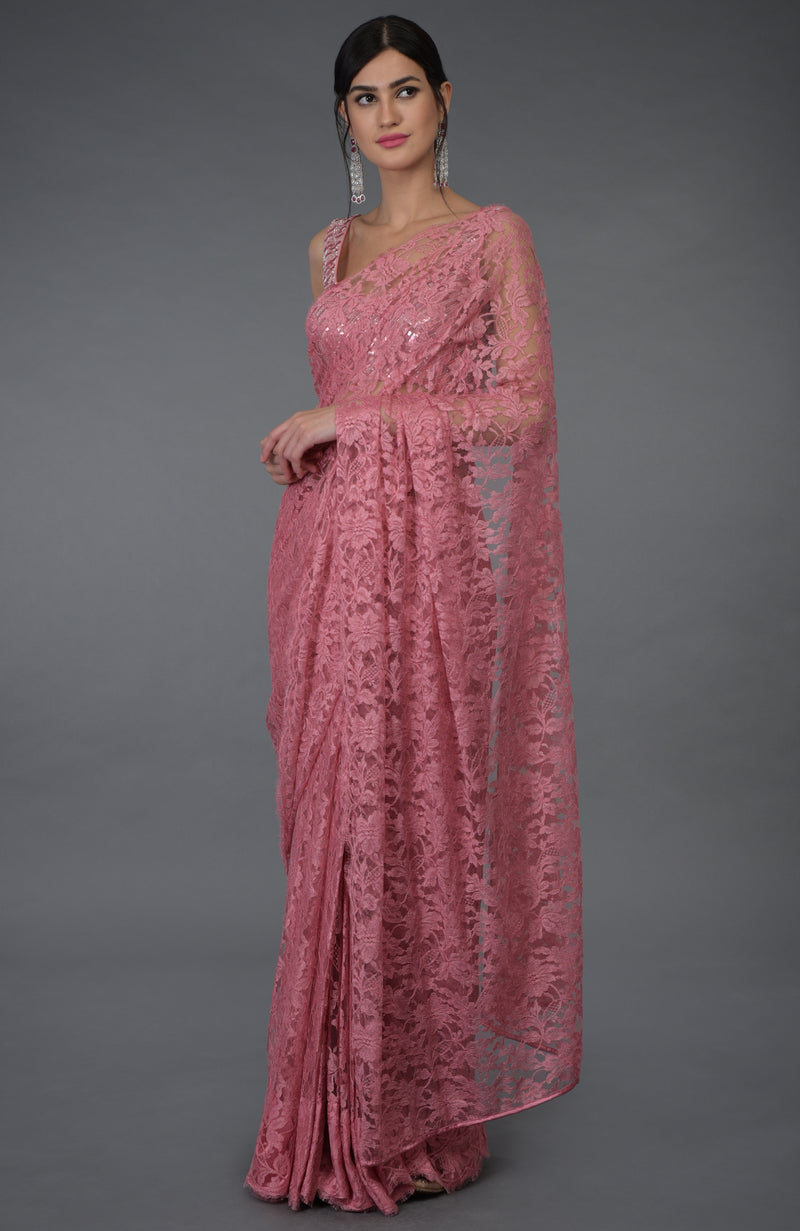 Pressed Rose French Chantilly Lace Saree With Hand Embroidered Blouse