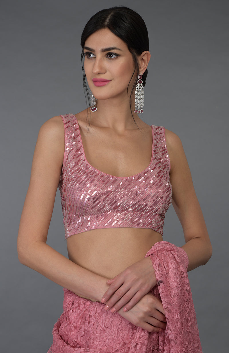 Pressed Rose French Chantilly Lace Saree With Hand Embroidered Blouse