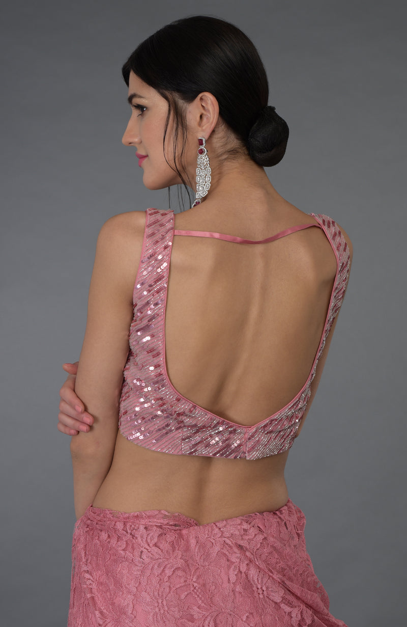 Pressed Rose French Chantilly Lace Saree With Hand Embroidered Blouse
