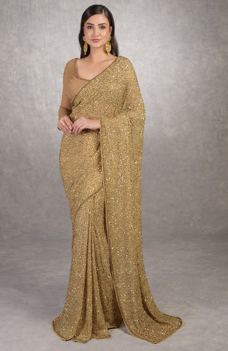 Cleopatra Gold Bead & Sequin Hand Embroidered Saree