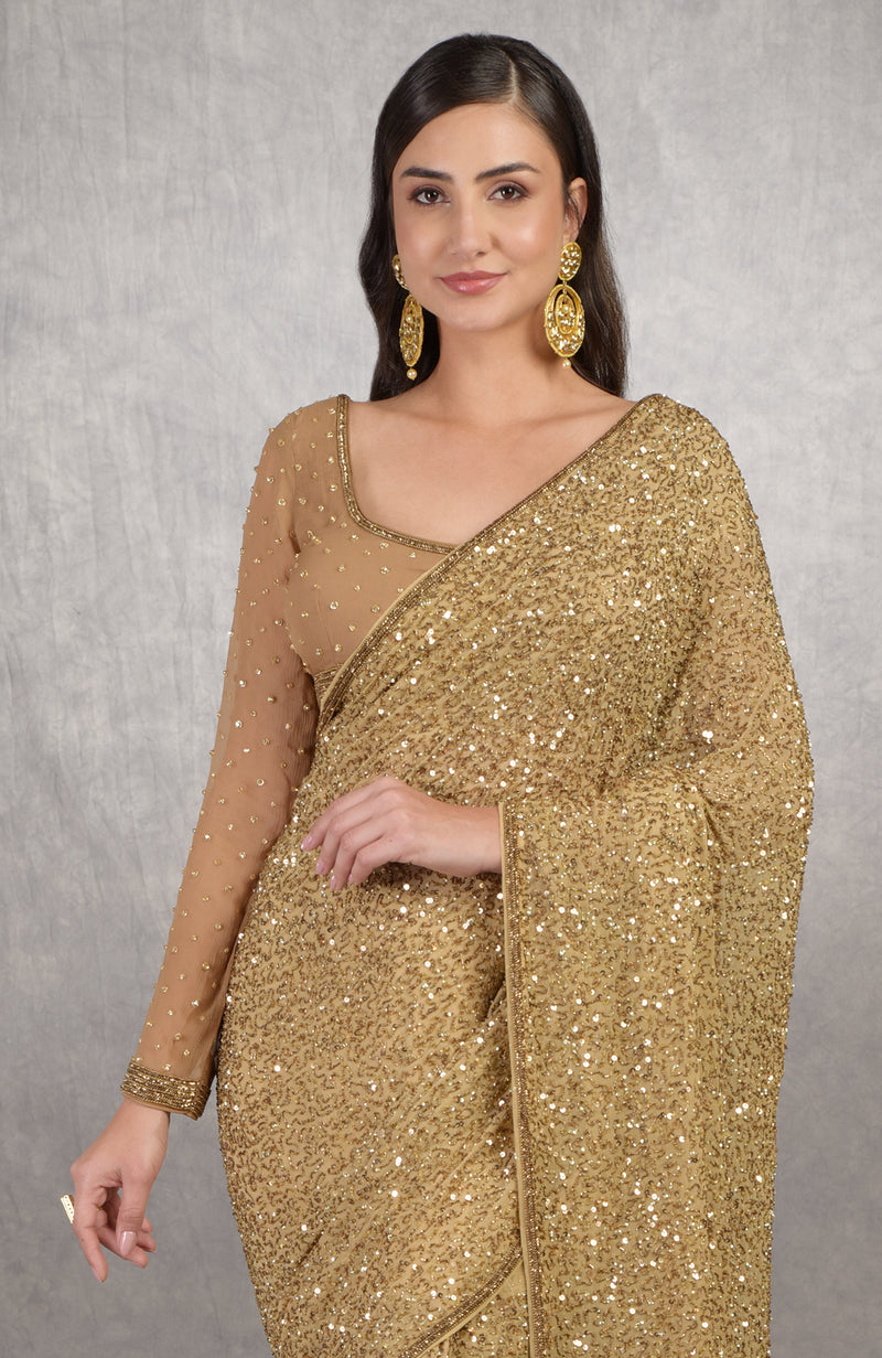 Cleopatra Gold Bead & Sequin Hand Embroidered Saree