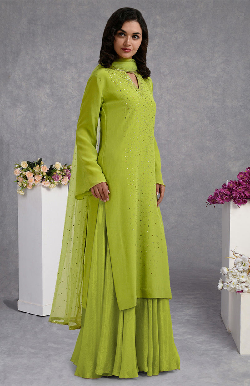 Lime Punch Sequin Hand Embroidered Skirt Set