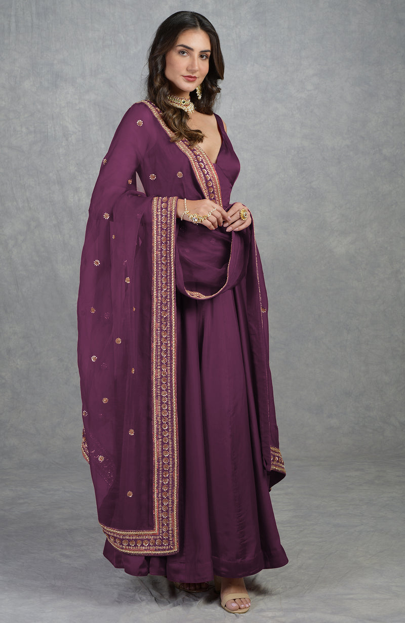 Burgundy Purple Dabka Zardozi Hand Embroidered Dupatta