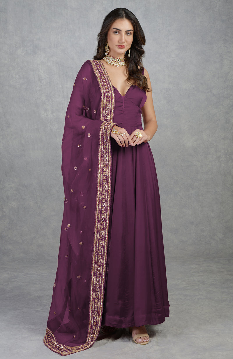 Burgundy Purple Dabka Zardozi Hand Embroidered Dupatta