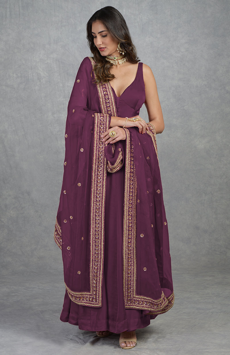 Burgundy Purple Dabka Zardozi Hand Embroidered Dupatta