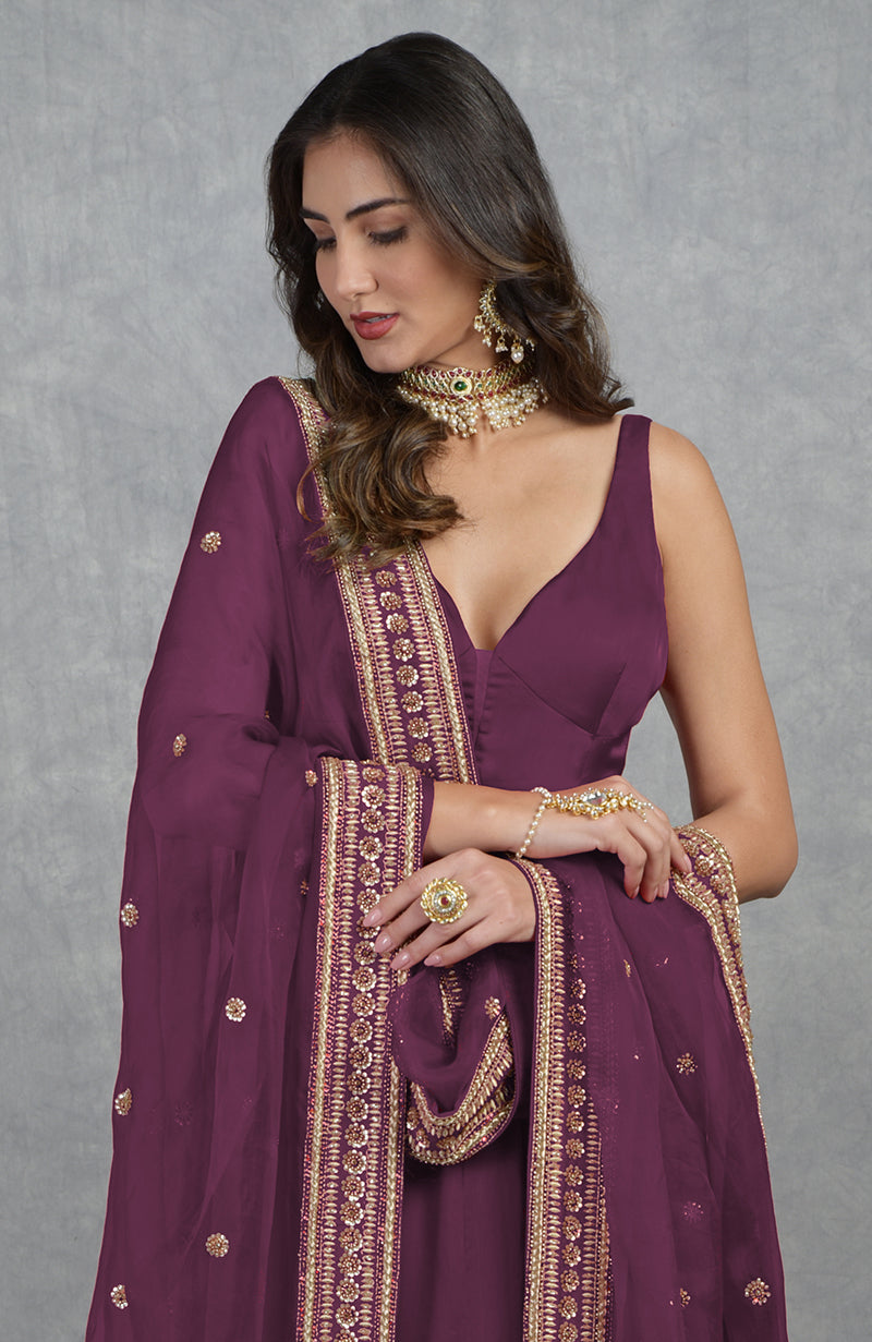 Burgundy Purple Dabka Zardozi Hand Embroidered Dupatta