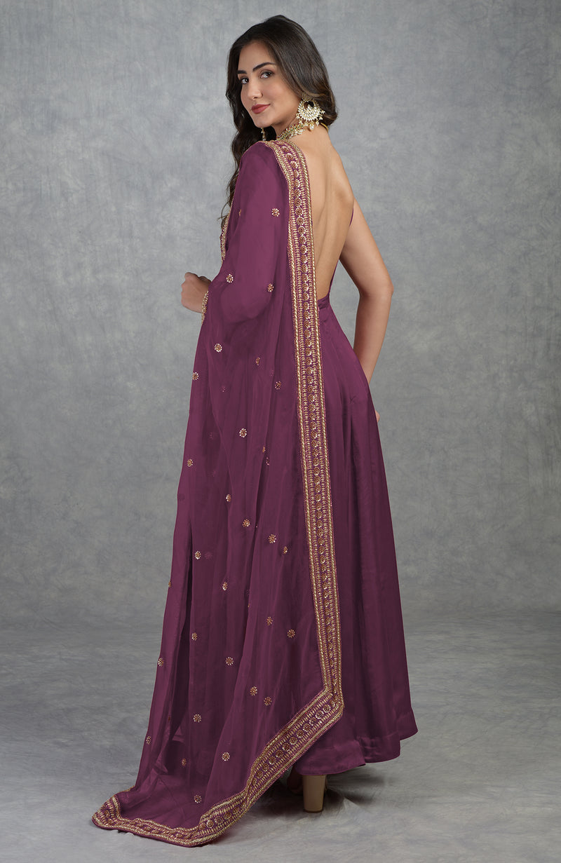 Burgundy Purple Dabka Zardozi Hand Embroidered Dupatta