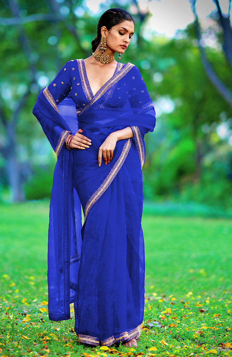 Tara - Royal Blue  Crystal Beads & Zari Hand Embroidered Saree