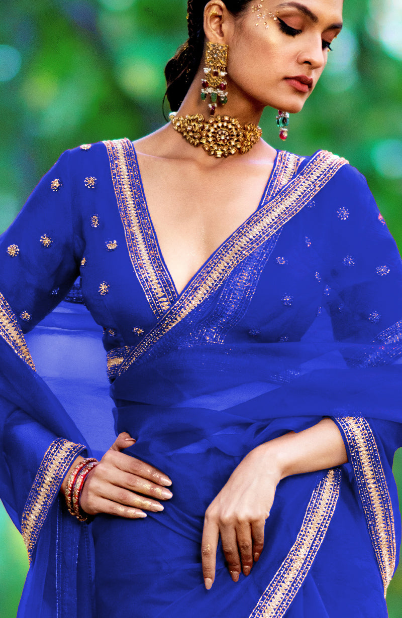 Tara - Royal Blue  Crystal Beads & Zari Hand Embroidered Saree