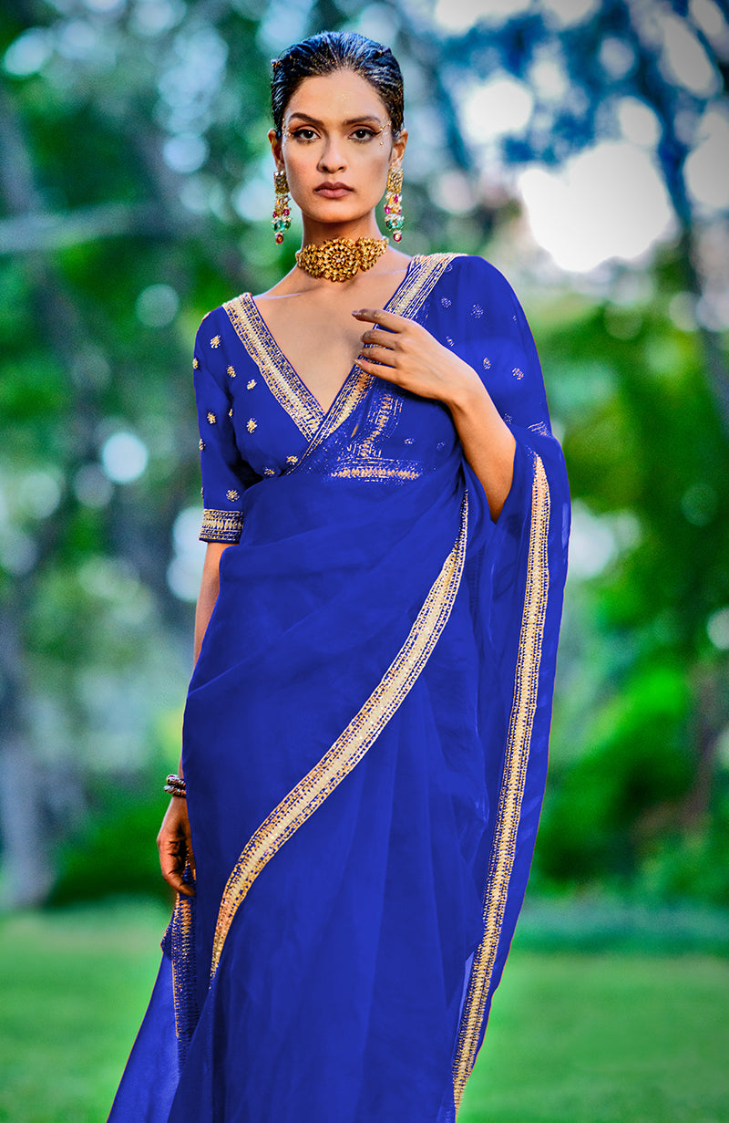 Tara - Royal Blue  Crystal Beads & Zari Hand Embroidered Saree