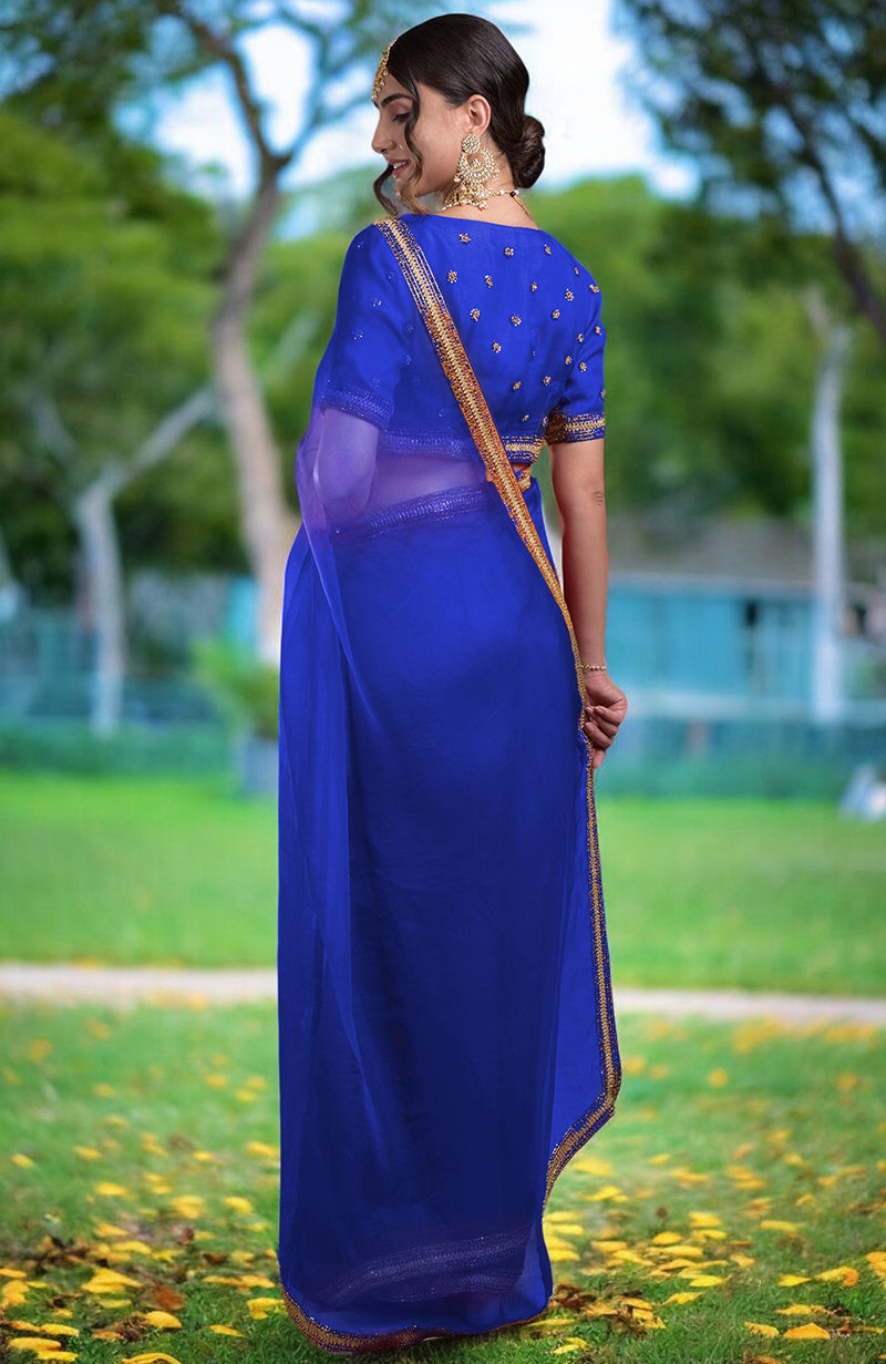 Tara - Royal Blue  Crystal Beads & Zari Hand Embroidered Saree