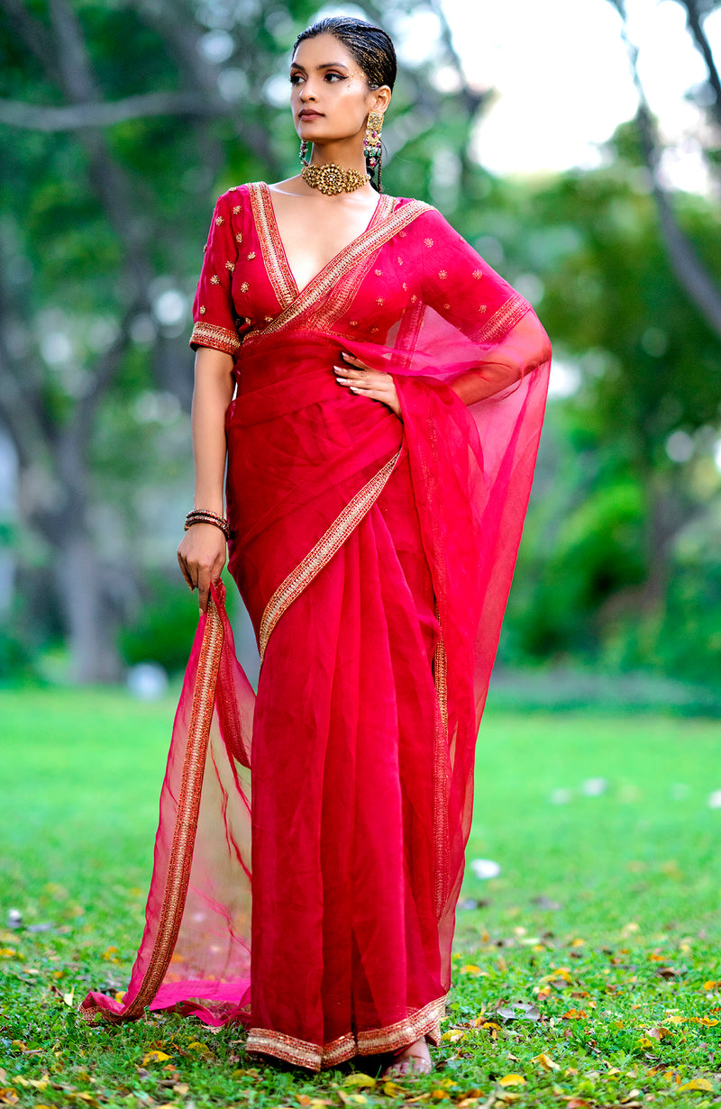 Tara - Red Crystal Beads & Zari Hand Embroidered Saree