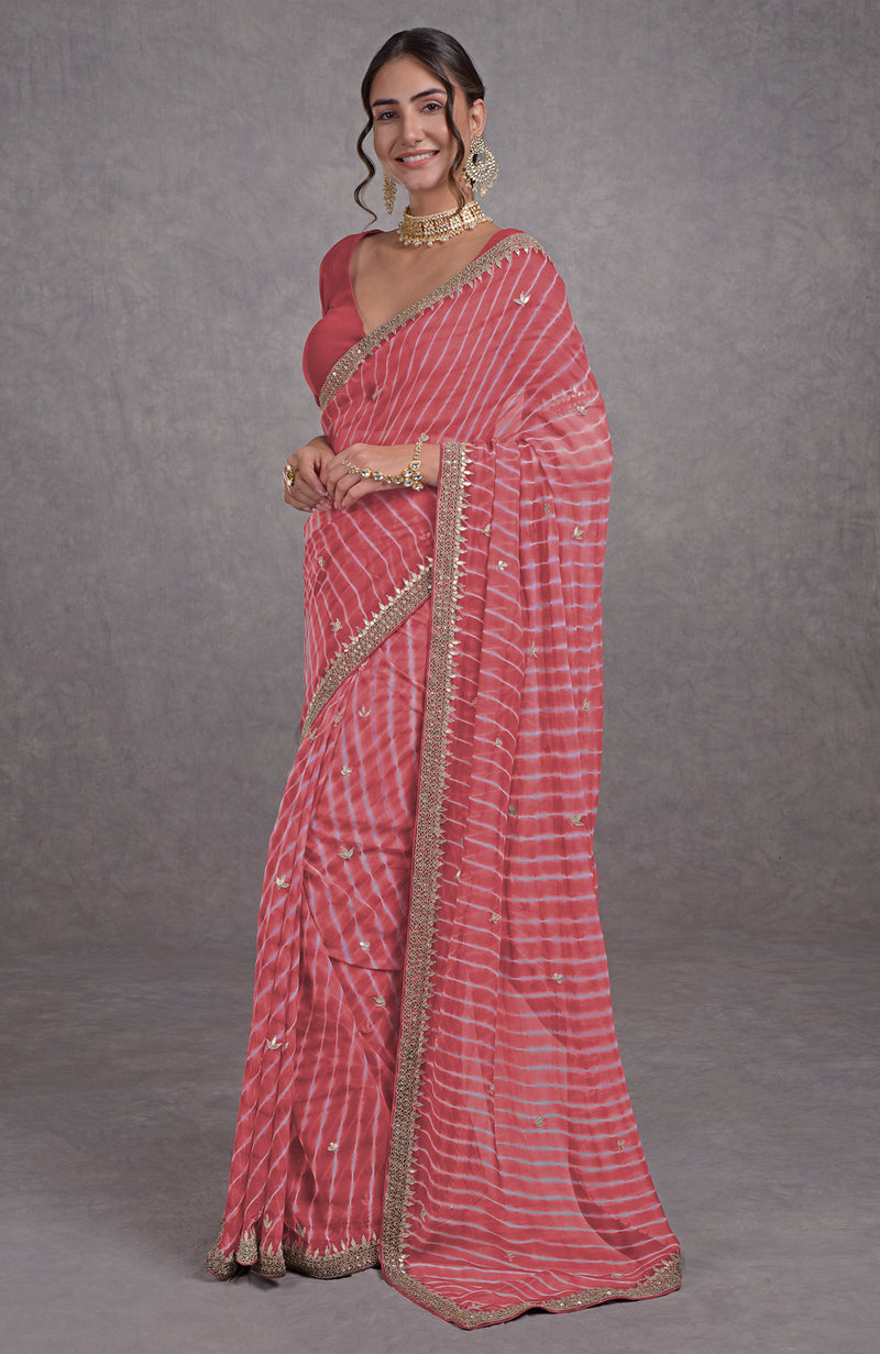 Burgundy Purple Leheriya Rosegold Marori-Gota Patti Hand Embroidered Saree