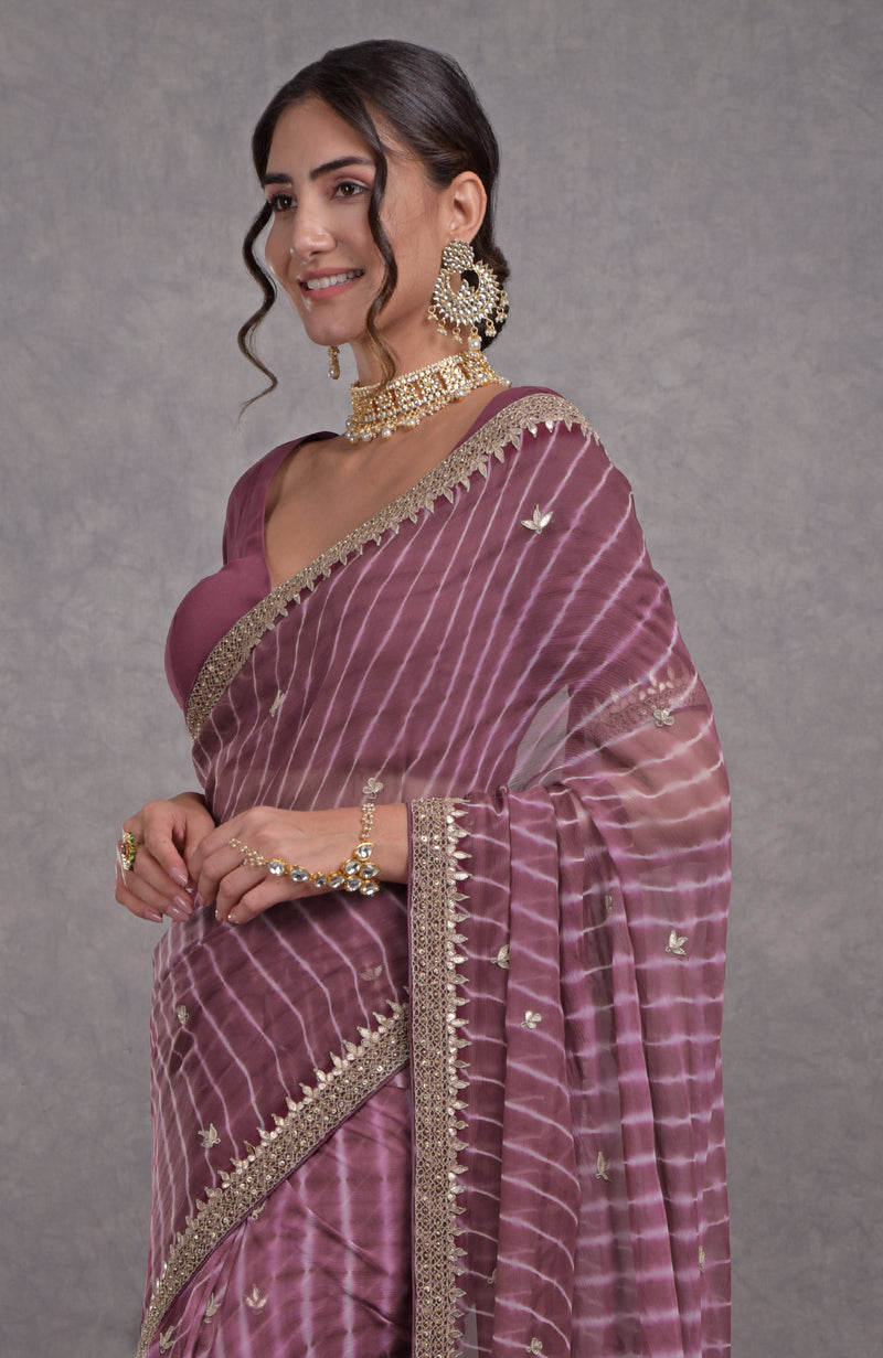 Burgundy Purple Leheriya Rosegold Marori-Gota Patti Hand Embroidered Saree