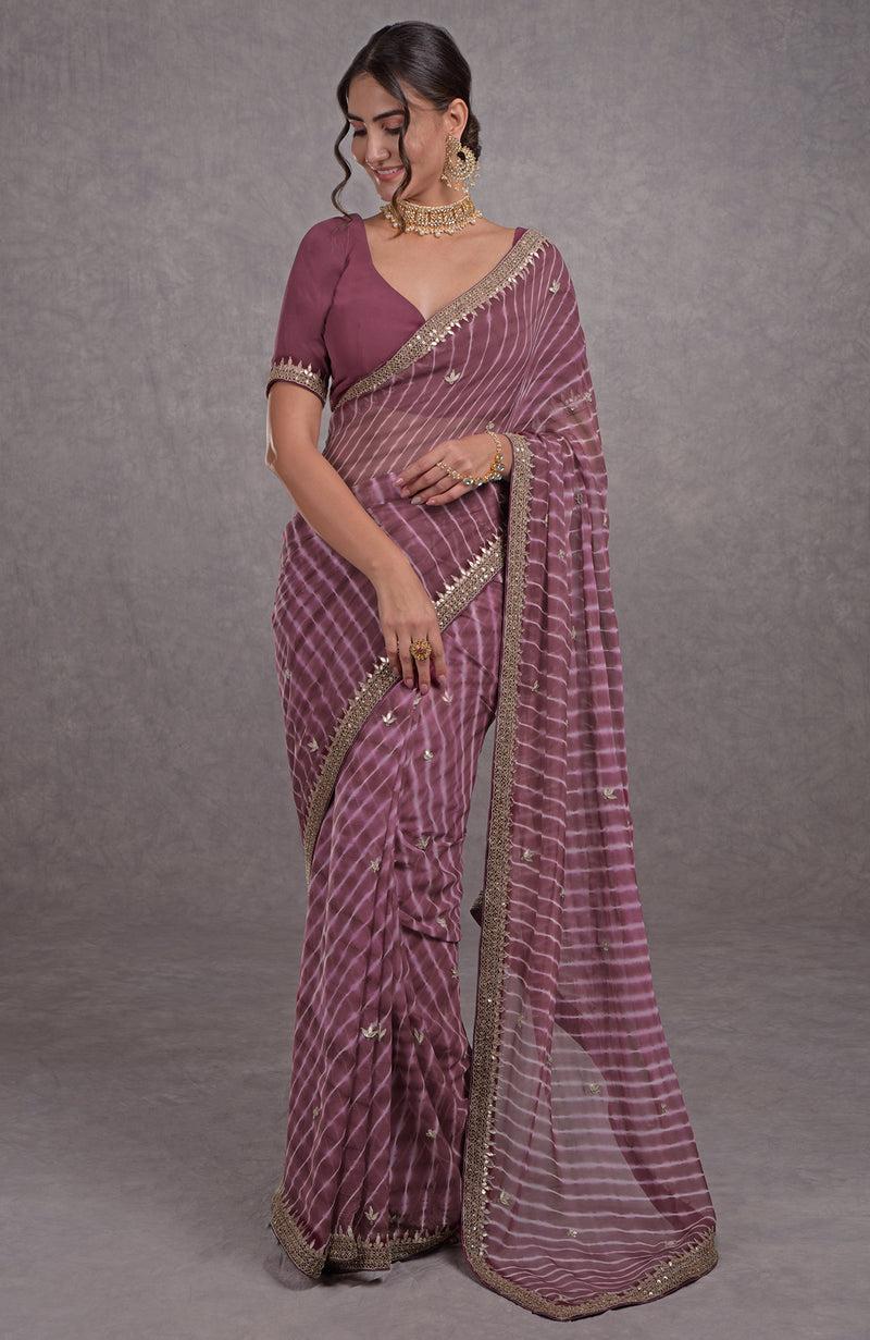 Burgundy Purple Leheriya Rosegold Marori-Gota Patti Hand Embroidered Saree