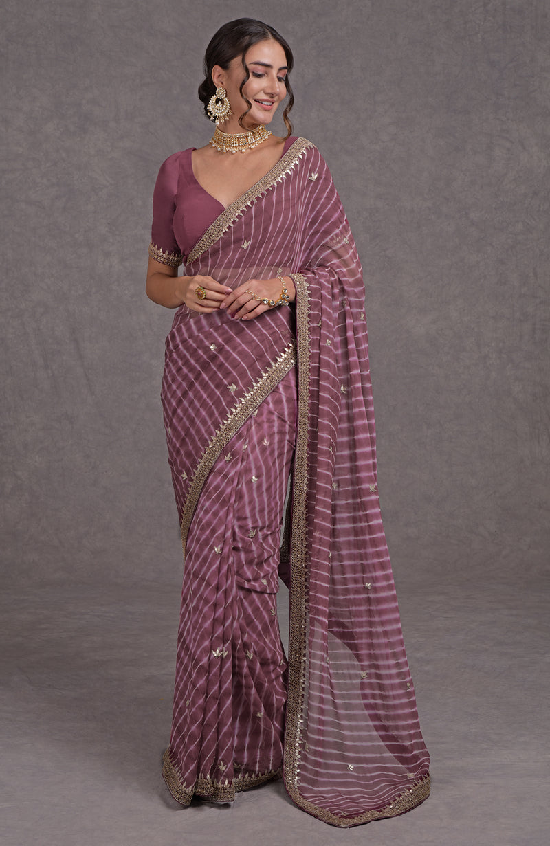 Burgundy Purple Leheriya Rosegold Marori-Gota Patti Hand Embroidered Saree