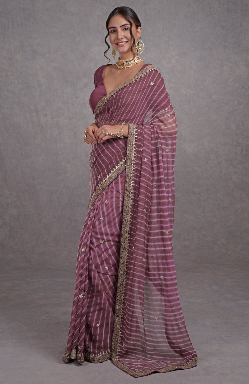 Burgundy Purple Leheriya Rosegold Marori-Gota Patti Hand Embroidered Saree