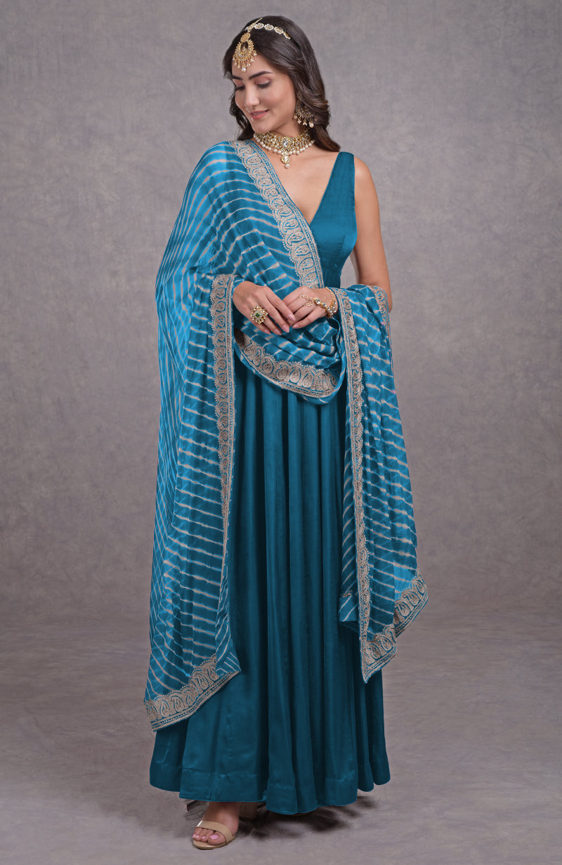 Garnet Rose Leheriya-Tilla Embroidered Dupatta With Anarkali Set