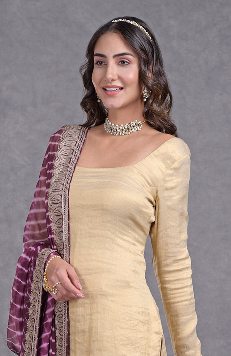 Burgundy Purple Leheriya-Tilla Dupatta With Tissue Sharara Suit