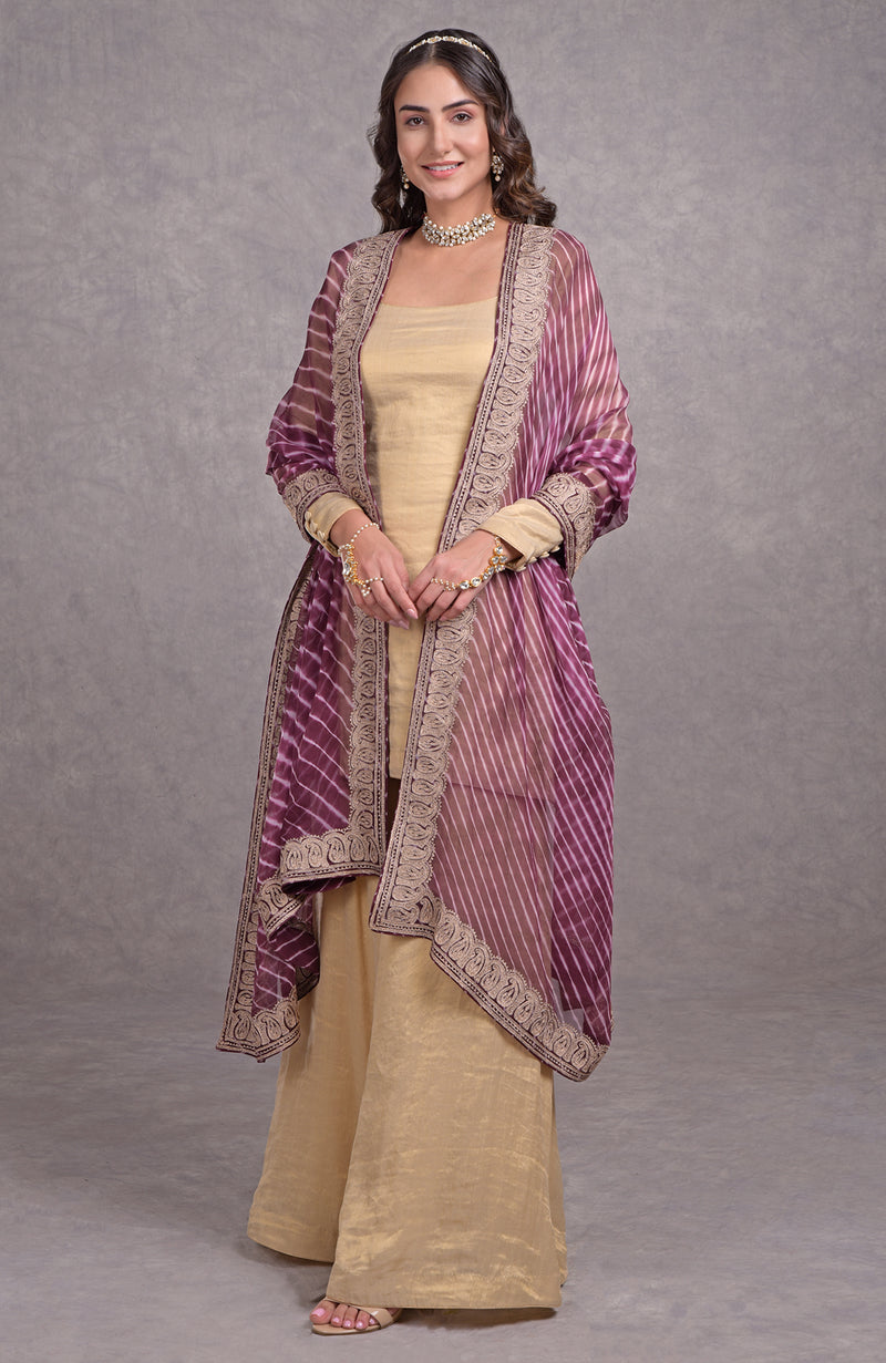Burgundy Purple Leheriya-Tilla Dupatta With Tissue Sharara Suit
