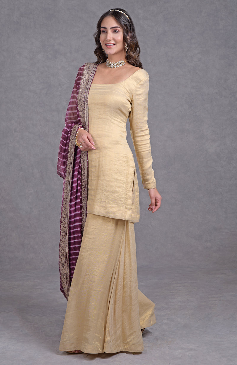 Burgundy Purple Leheriya-Tilla Dupatta With Tissue Sharara Suit