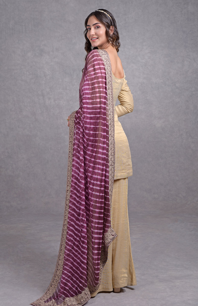 Burgundy Purple Leheriya-Tilla Dupatta With Tissue Sharara Suit