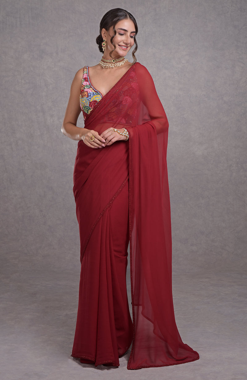 Red- Multicolor Resham Dabka-Sequin-Beads & Kamdani Hand Embroidered Saree