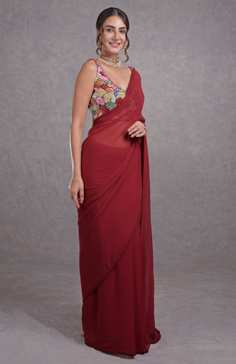 Red- Multicolor Resham Dabka-Sequin-Beads & Kamdani Hand Embroidered Saree