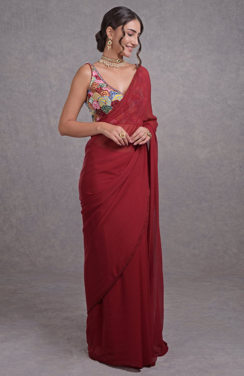 Red- Multicolor Resham Dabka-Sequin-Beads & Kamdani Hand Embroidered Saree