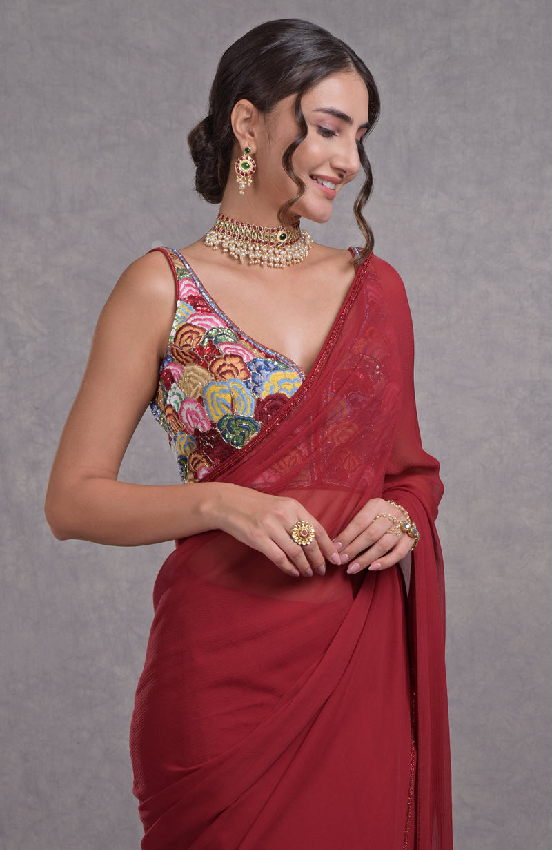Red- Multicolor Resham Dabka-Sequin-Beads & Kamdani Hand Embroidered Saree