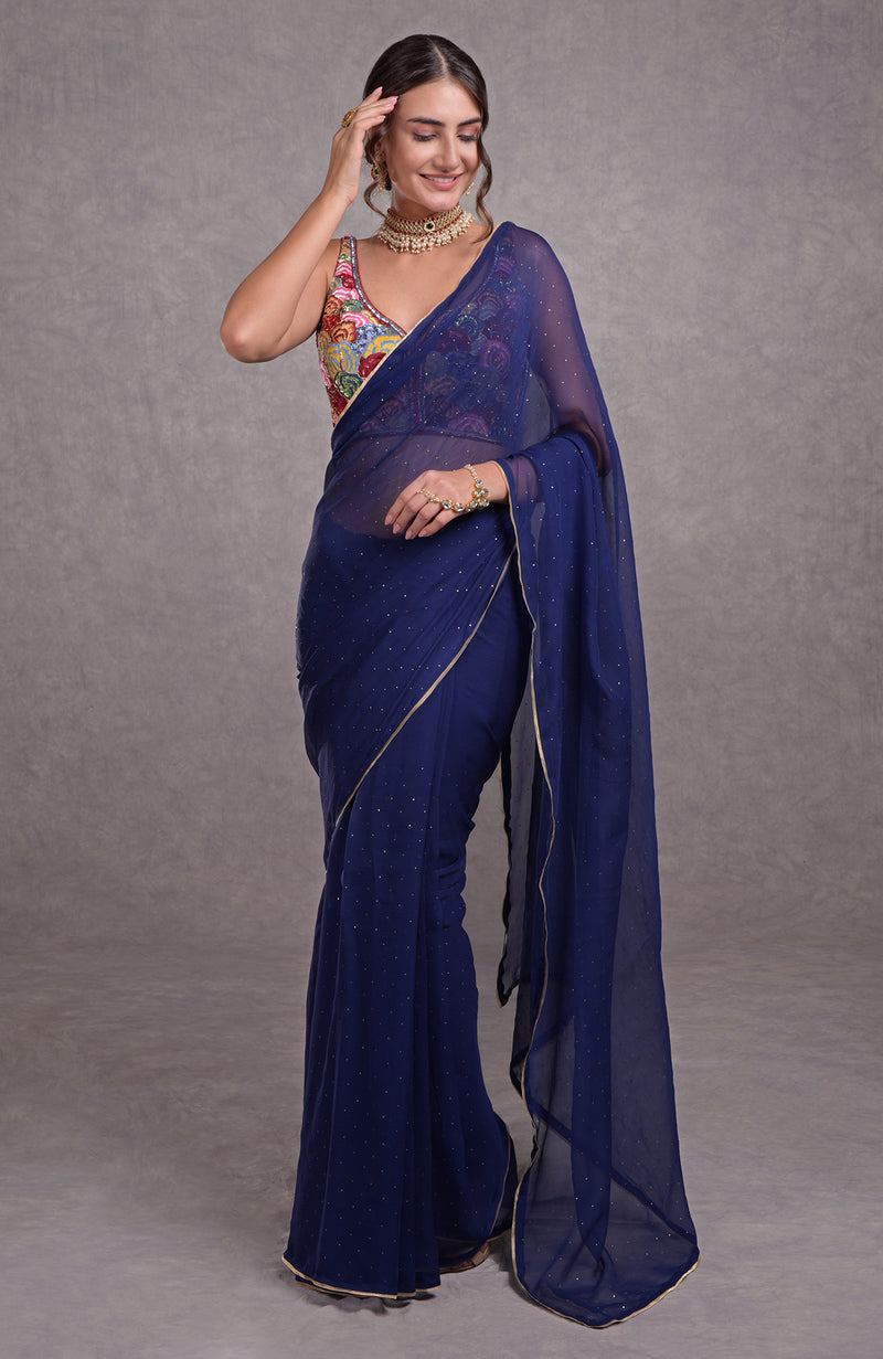 Mukaish Classic Blue- Multicolor Resham Dabka-Sequin-Beads & Kamdani Hand Embroidered Saree