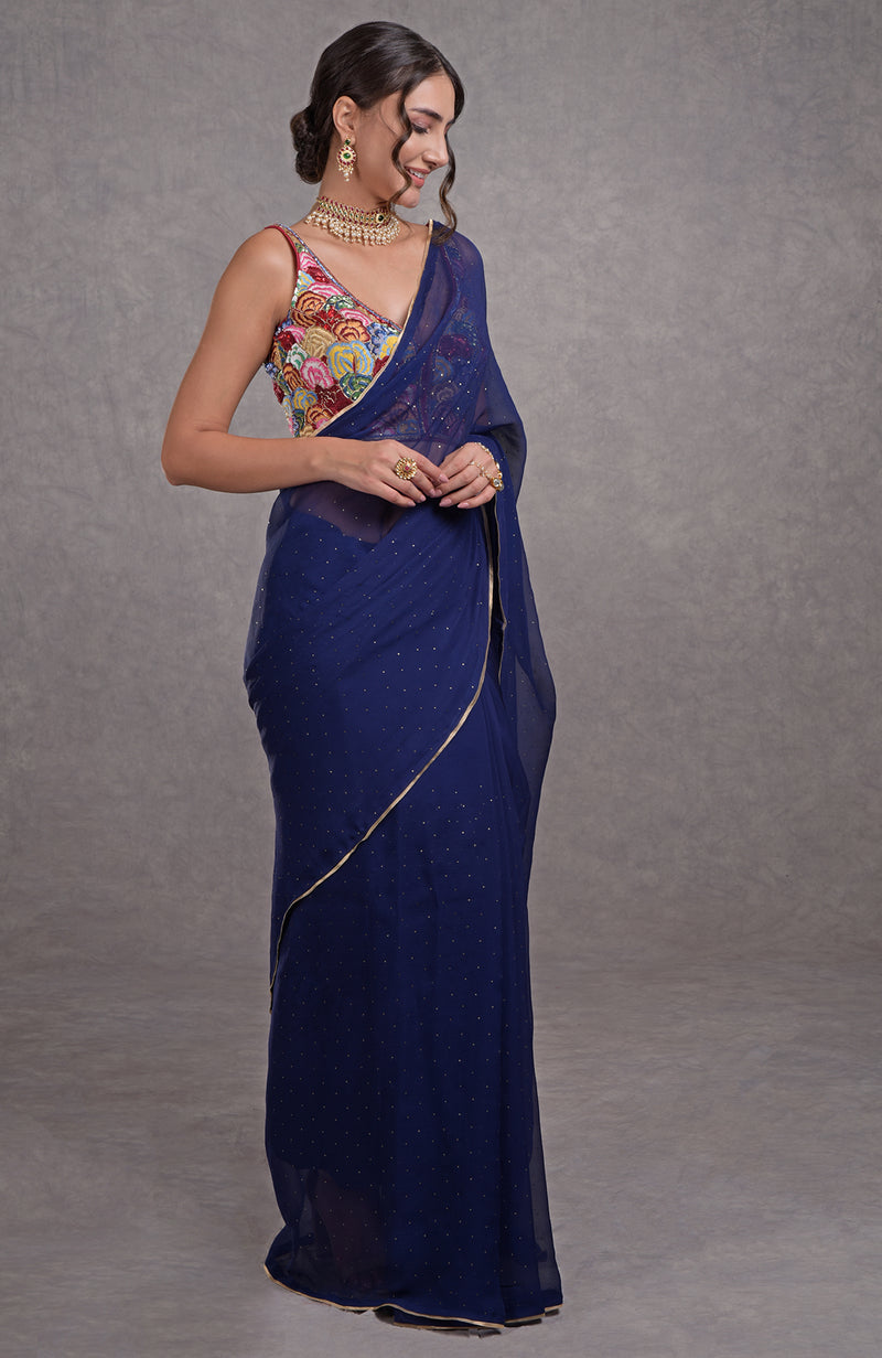 Mukaish Classic Blue- Multicolor Resham Dabka-Sequin-Beads & Kamdani Hand Embroidered Saree