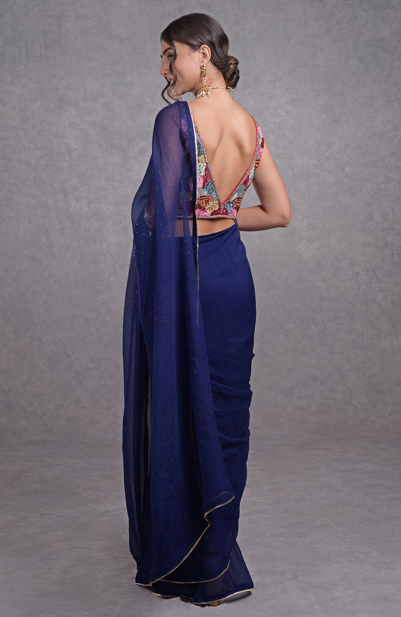 Mukaish Classic Blue- Multicolor Resham Dabka-Sequin-Beads & Kamdani Hand Embroidered Saree