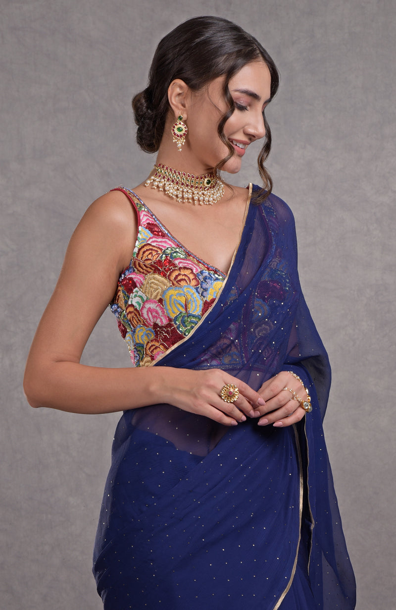 Mukaish Classic Blue- Multicolor Resham Dabka-Sequin-Beads & Kamdani Hand Embroidered Saree