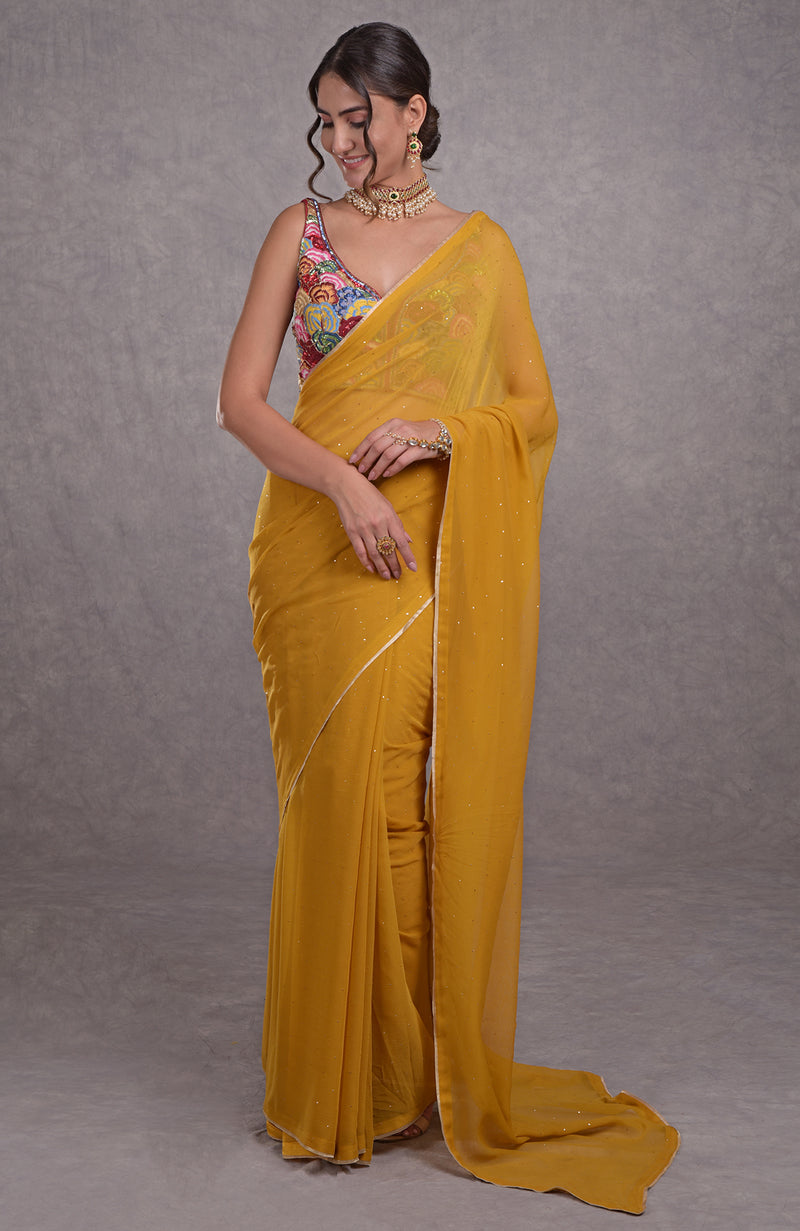 Mukaish Mustard Yellow- Multicolor Resham Dabka-Sequin-Beads & Kamdani Hand Embroidered Saree