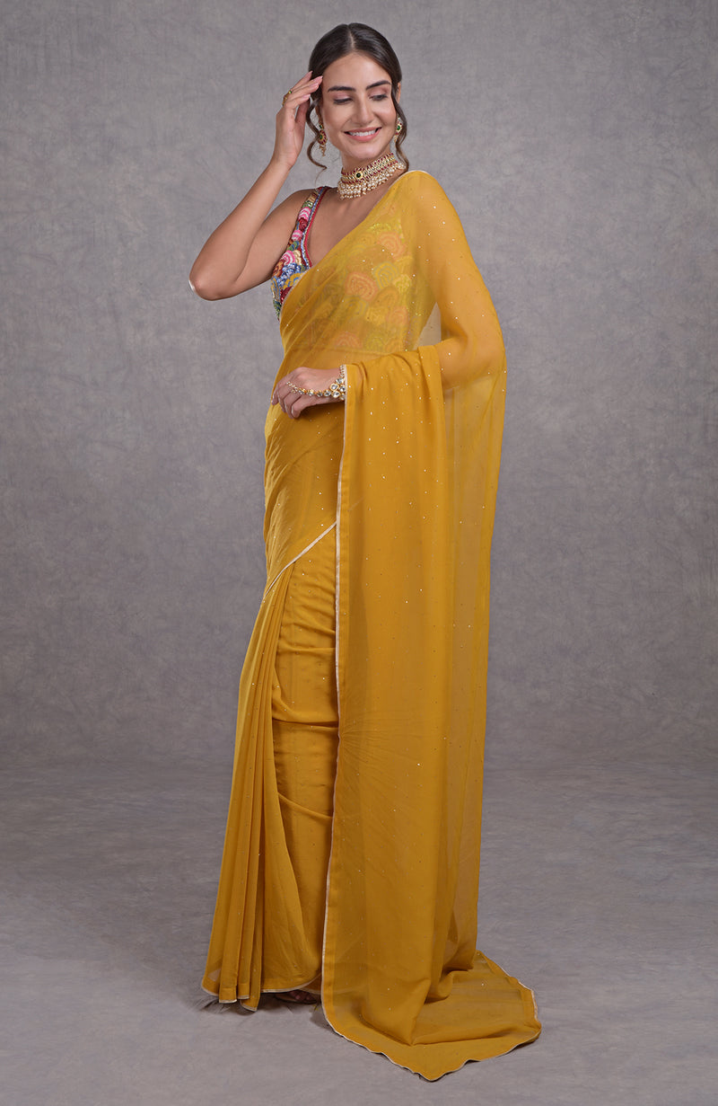 Mukaish Mustard Yellow- Multicolor Resham Dabka-Sequin-Beads & Kamdani Hand Embroidered Saree