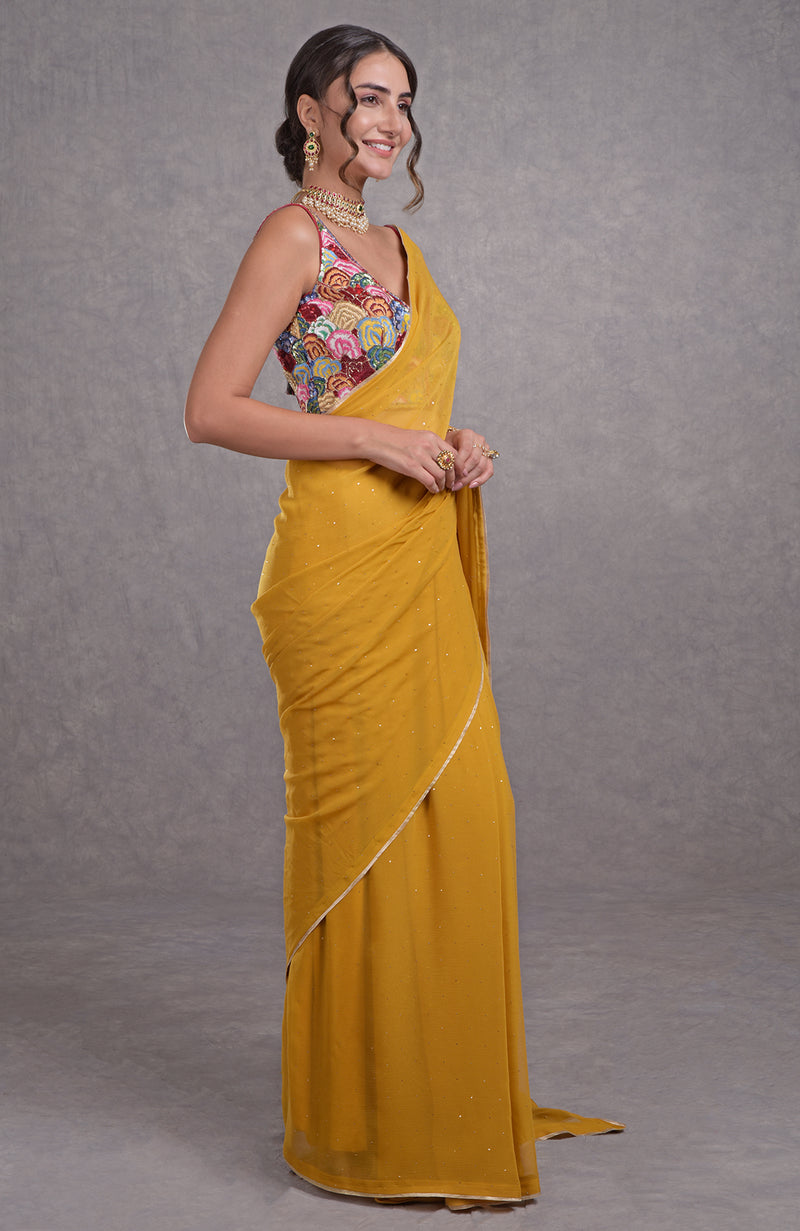Mukaish Mustard Yellow- Multicolor Resham Dabka-Sequin-Beads & Kamdani Hand Embroidered Saree