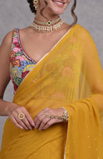Mukaish Mustard Yellow- Multicolor Resham Dabka-Sequin-Beads & Kamdani Hand Embroidered Saree