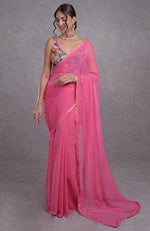 Hot Pink- Multicolor Resham Dabka-Sequin-Beads Hand Embroidered Saree