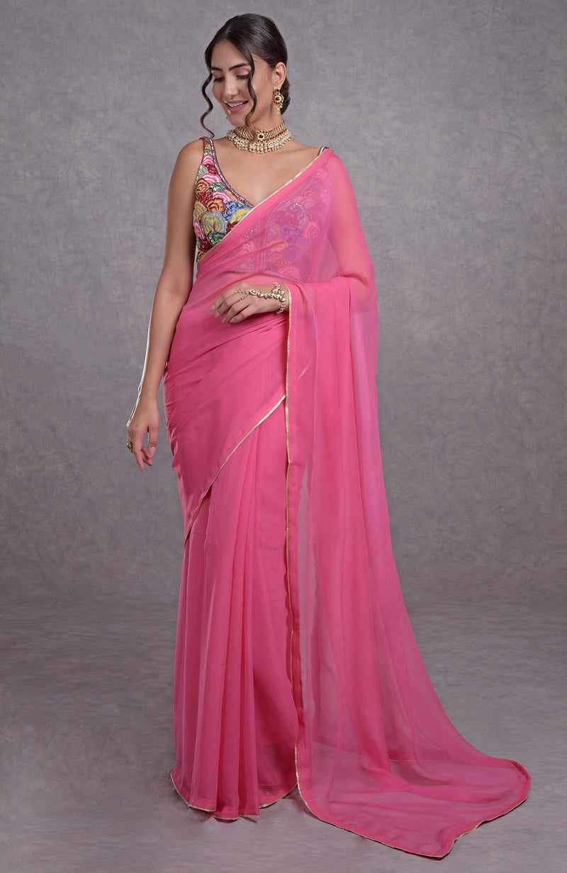 Hot Pink- Multicolor Resham Dabka-Sequin-Beads Hand Embroidered Saree