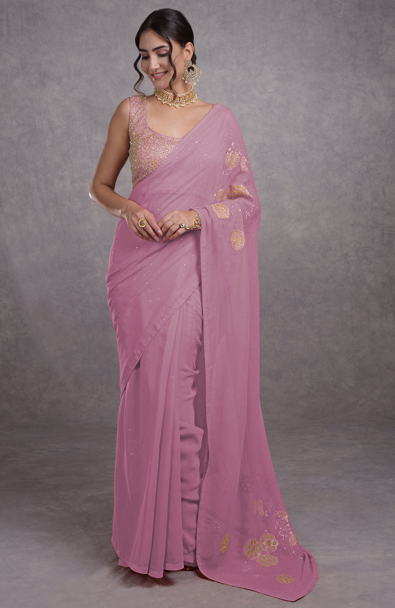 Orchid Bouquet Tissue Cutwork Hand Embroidered Mukaish Saree