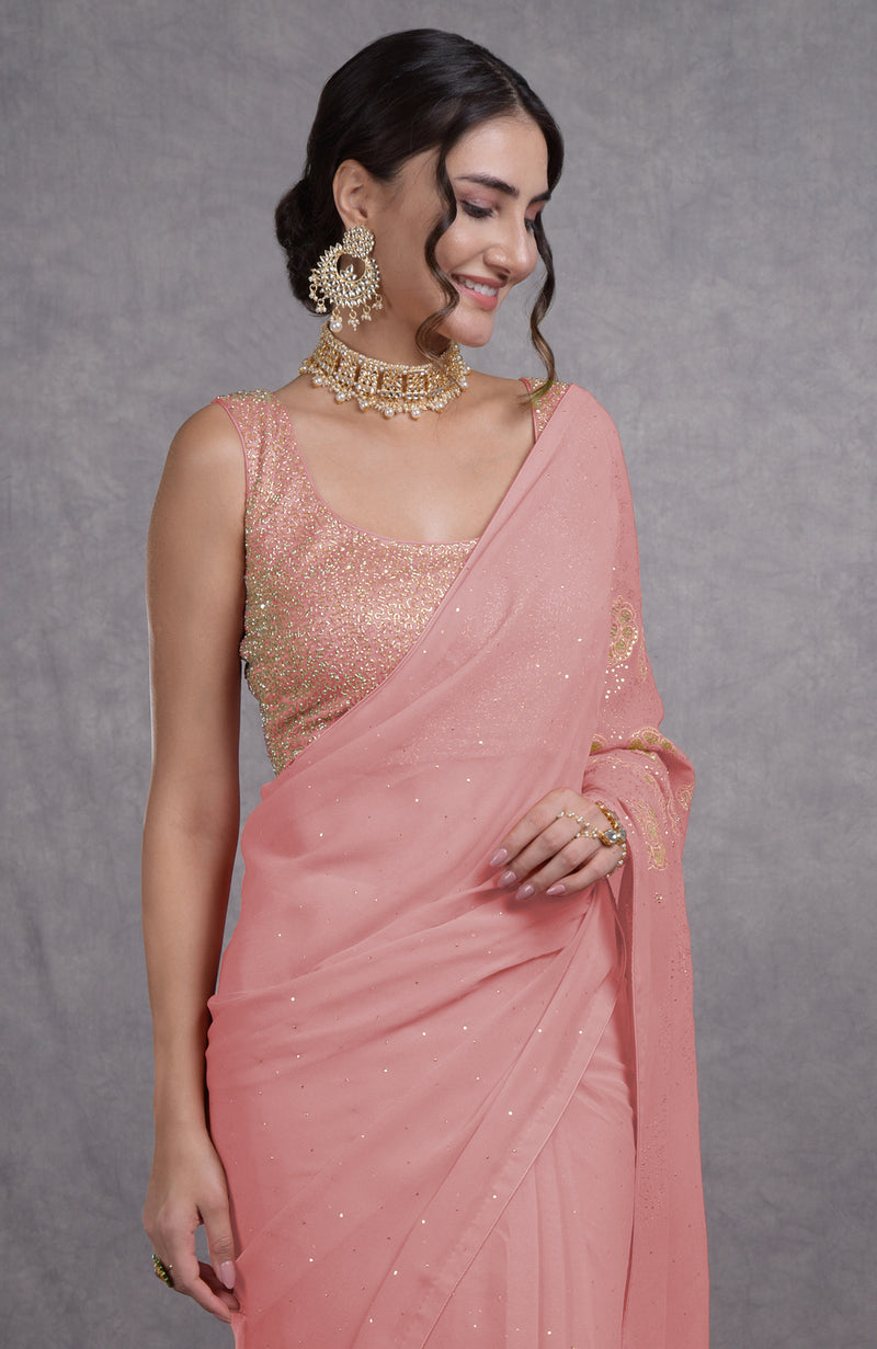 Pressed Rose Tissue Cutwork Hand Embroidered Mukaish Saree