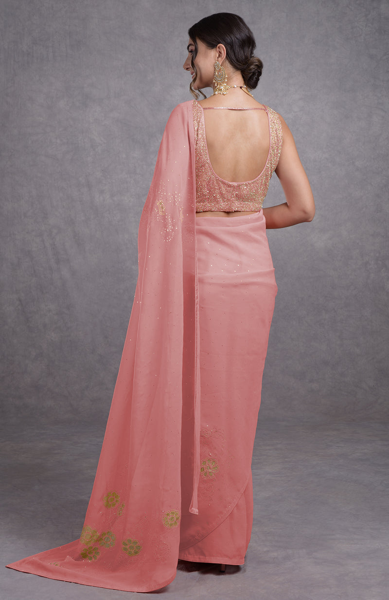 Pressed Rose Tissue Cutwork Hand Embroidered Mukaish Saree