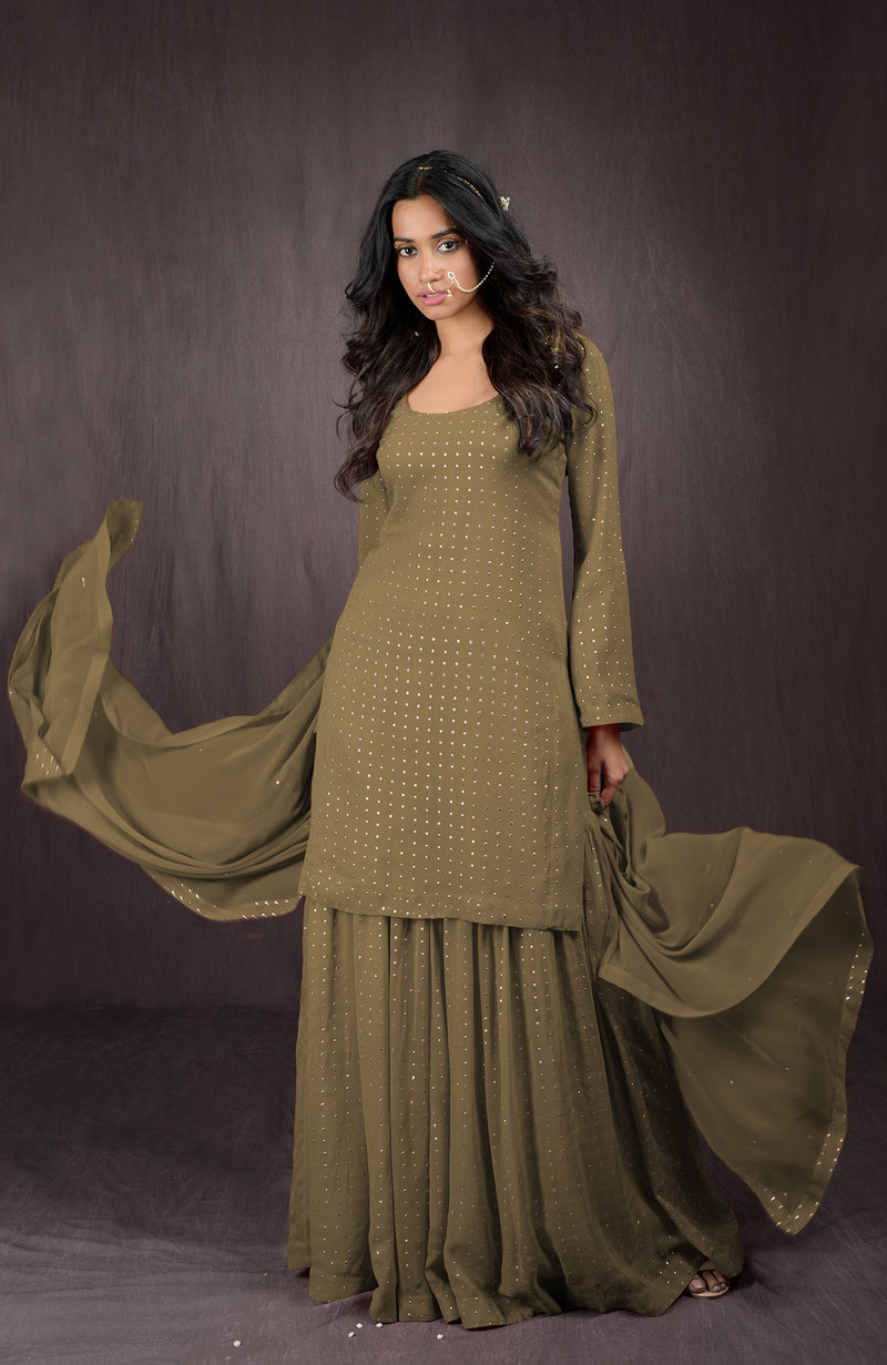 Olive - Gold Embellished Sharara Set