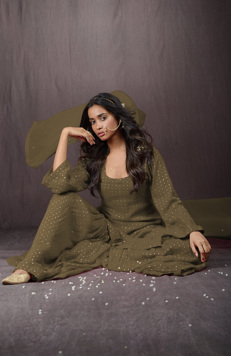 Olive - Gold Embellished Sharara Set