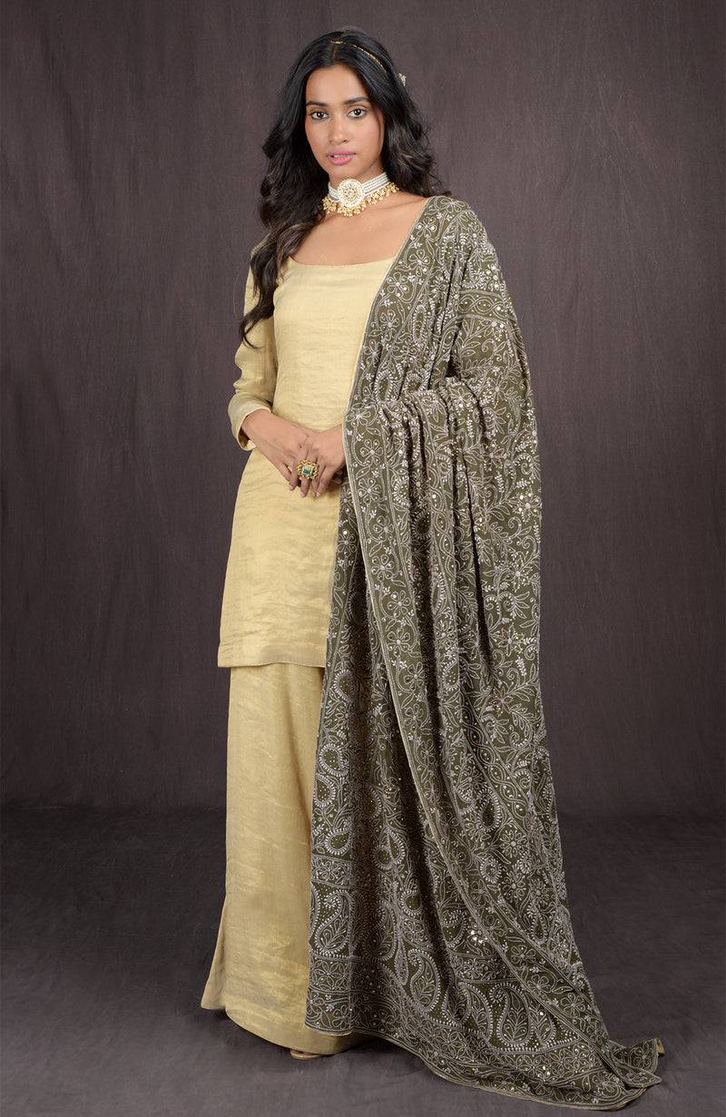 Olive Chikankari And Kamdani Hand Embroidered Pure Georgette Dupatta