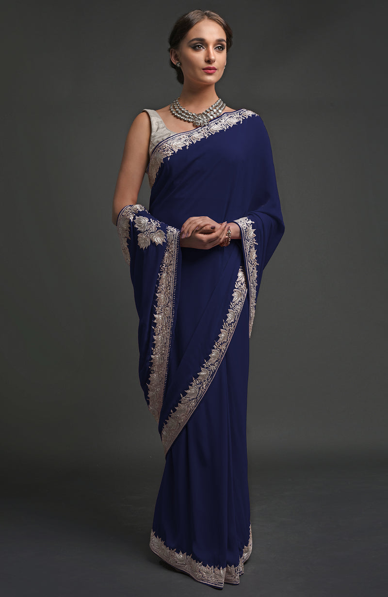 Navy Blue Kashmiri Tilla Embroidered Georgette Saree
