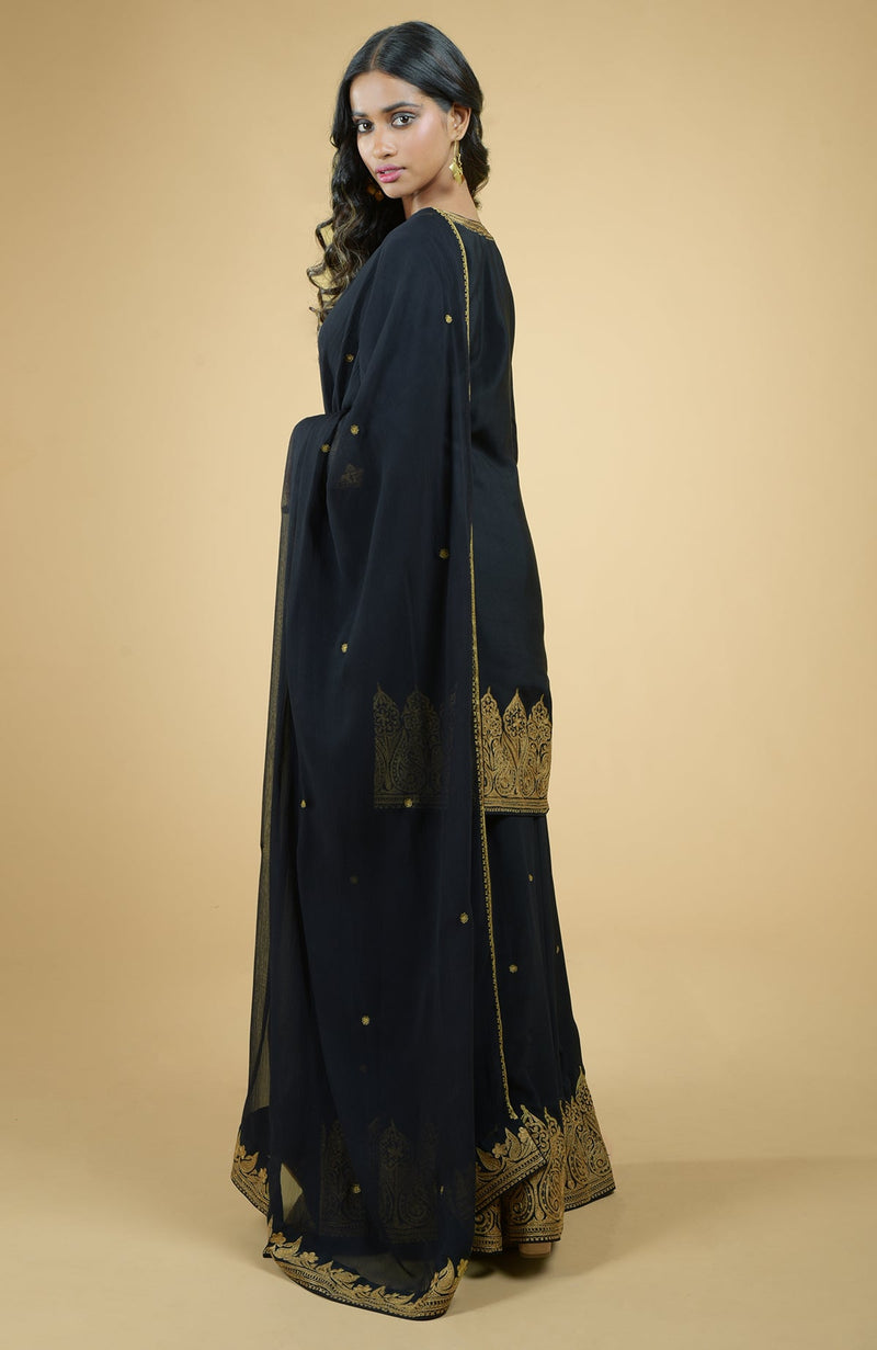 Black - Gold Tilla Aari Embroidered Sharara Set
