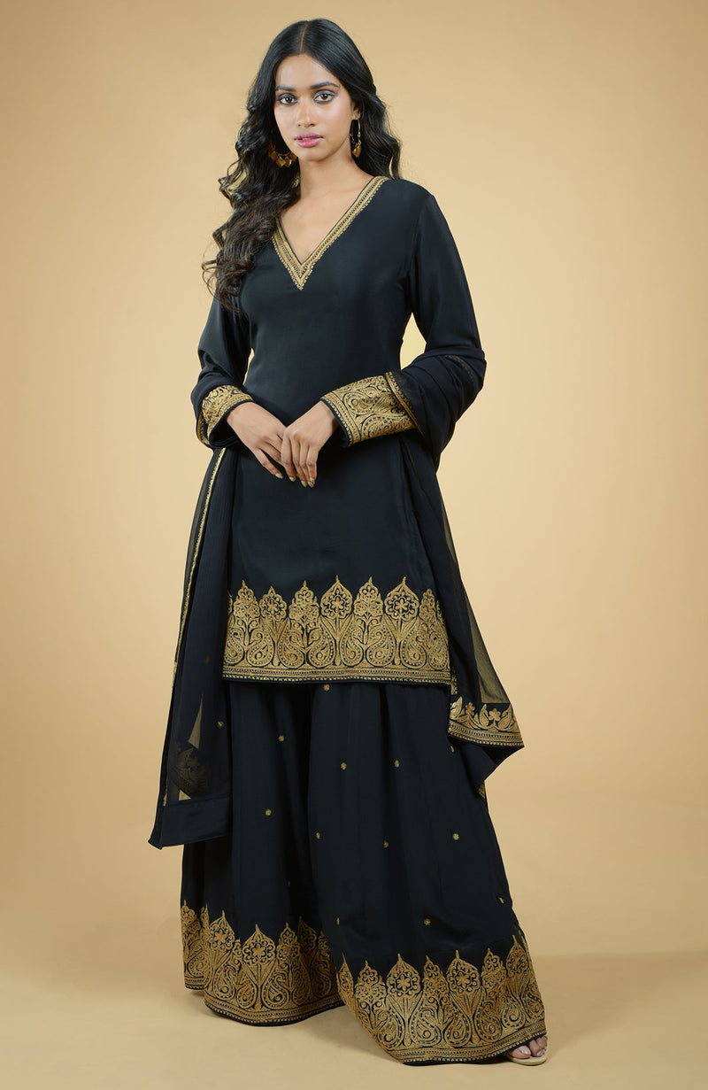 Black - Gold Tilla Aari Embroidered Sharara Set