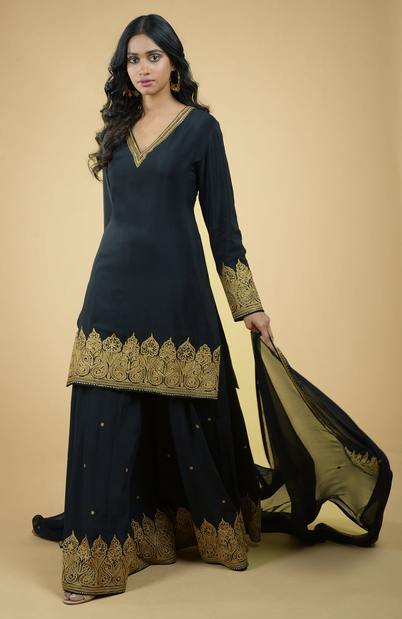 Black - Gold Tilla Aari Embroidered Sharara Set